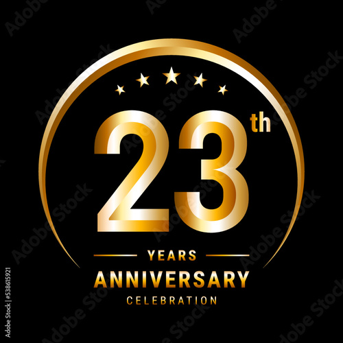 23th Anniversary, Logo design for anniversary celebration with gold ring isolated on black background, vector illustration