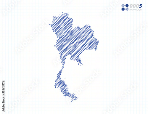 Blue vector silhouette chaotic hand drawn scribble sketch of Thailand map on grid background.