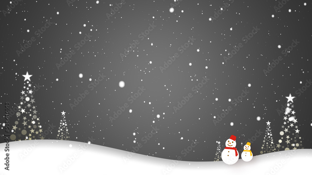 Fototapeta premium 雪が舞う中を雪だるまたちが歩く