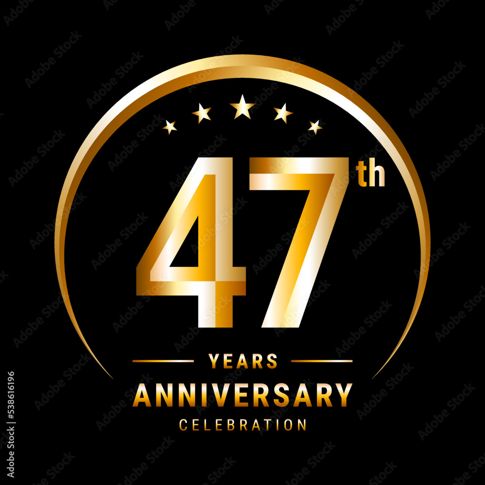 47th Anniversary, Logo design for anniversary celebration with gold ring isolated on black background, vector illustration