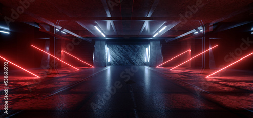 Fototapeta Naklejka Na Ścianę i Meble -  Underground Neon Orange Blue Cyber Sci Fi Futuristic Rock Wall Cement Concrete Basement Nuclear Bunker Parking Showroom Grunge Car Metal Door Corridor 3D Rendering