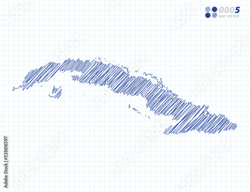 Blue vector silhouette chaotic hand drawn scribble sketch of Cuba map on grid background.