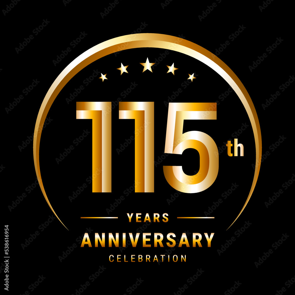 115th Anniversary, Logo design for anniversary celebration with gold ring isolated on black background, vector illustration 115th Anniversary, Logo design for anniversary celebration with gold ring isolated on black background, vector illustration