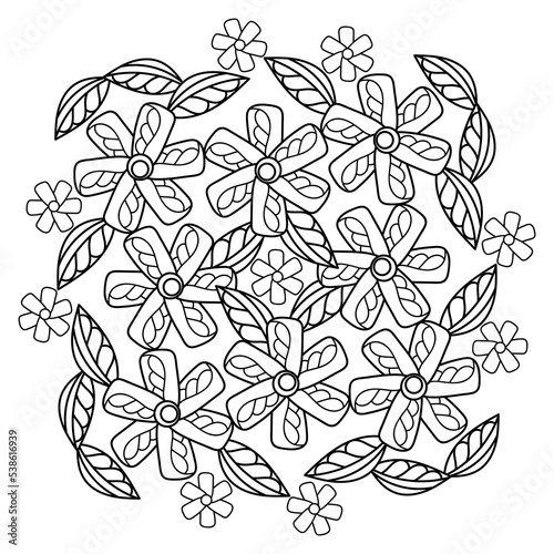 Floral square coloring page. Flowers and leaves. Vector illustration