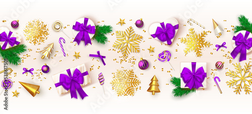 Christmas holiday background. Greet wallpaper of winter ornament elements violet and purple colors with gift box covered bows, golden snowflakes. Beautiful happy new year banner. Vector illustration