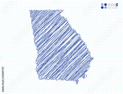 Blue vector silhouette chaotic hand drawn scribble sketch of Georgia (USA) map on grid background.
