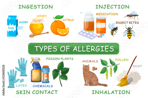 Types of allergies. Medical infographic. Vector landscape background.