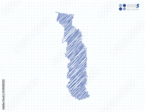 Blue vector silhouette chaotic hand drawn scribble sketch of Togo map on grid background.