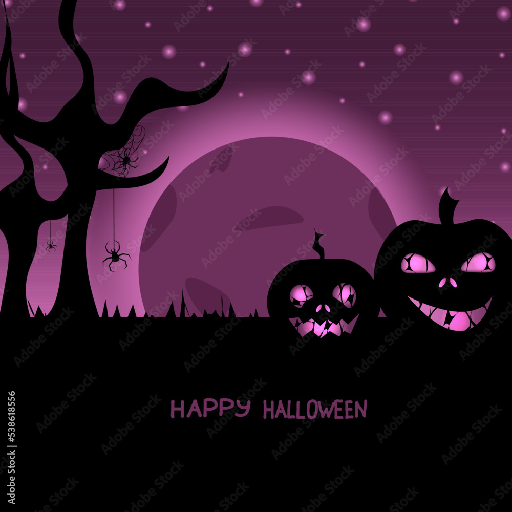Happy halloween banner or party invitation flyer with horror pumpkin, scary trees, violet moon on purple sky background with copy space and inscription Happy Halloween.Hhalloween concept. 