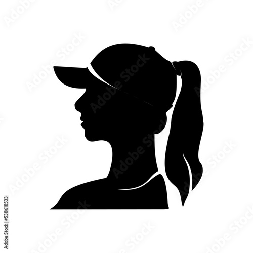 Silhouette of a female with a ponytail in a baseball cap. Black silhouette of a woman on a white background.