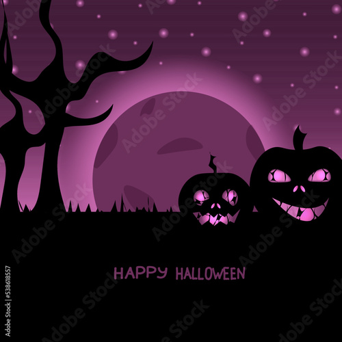 Happy halloween banner or party invitation flyer with horror pumpkin, scary trees, violet moon on purple sky background with copy space and inscription Happy Halloween.Hhalloween concept. 