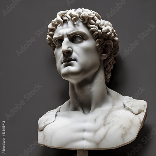 3D illustration of an ancient Roman or Greek god statue bust in chiseled white marble.