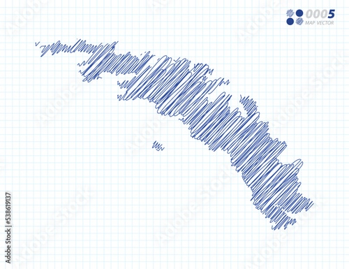 Blue vector silhouette chaotic hand drawn scribble sketch of South Georgia map on grid background.