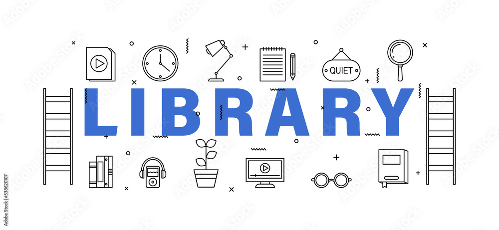 Blue word LIBRARY on white background Blue word LIBRARY on white background