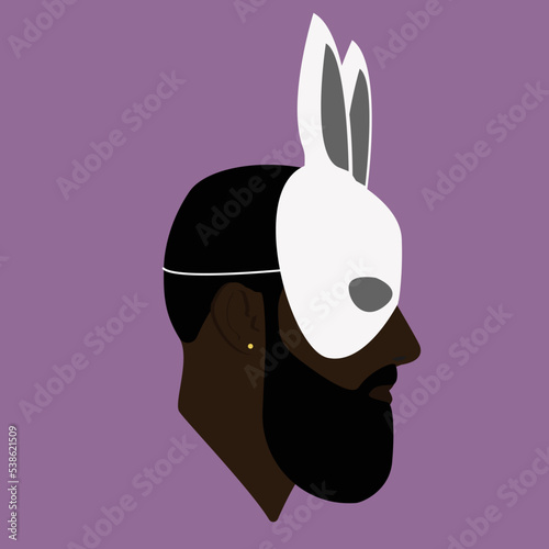 Portrait. Silhouette. Portrait of a black bearded guy in a sexy bunny mask. The guys face. Bearded man with earring. The black man in the white bunny mask. Flat illustration on the pink background.