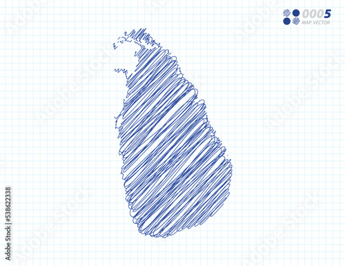 Blue vector silhouette chaotic hand drawn scribble sketch of Sri Lanka map on grid background.