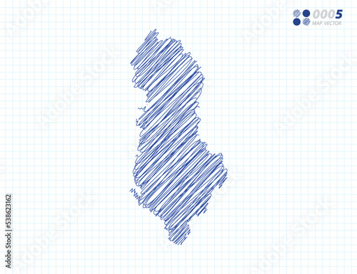 Blue vector silhouette chaotic hand drawn scribble sketch of Albania map on grid background.