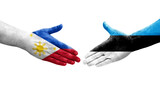 Handshake between Estonia and Philippines flags painted on hands, isolated transparent image.