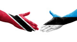 Handshake between Estonia and Trinidad Tobago flags painted on hands, isolated transparent image.