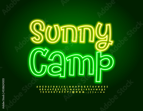 Fototapeta Naklejka Na Ścianę i Meble -  Vector electric sign Sunny Camp. Neon yellow Font. Electric glowing Alphabet Letters, Numbers and Symbols set