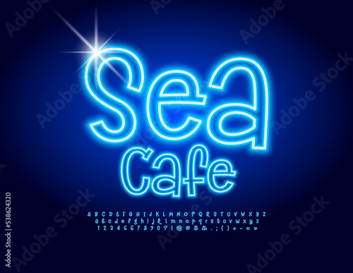 Vector trendy logo Sea Cafe with Blue neon Font. Electric Alphabet Letters, Numbers and Symbols set