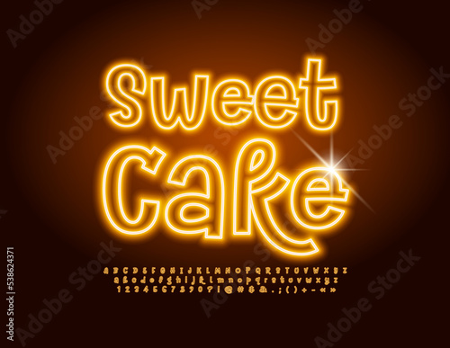 Vector glowing Emblem Sweet Cake. Funny Neon Font. Creative Alphabet Letters, Numbers and Symbols set. 