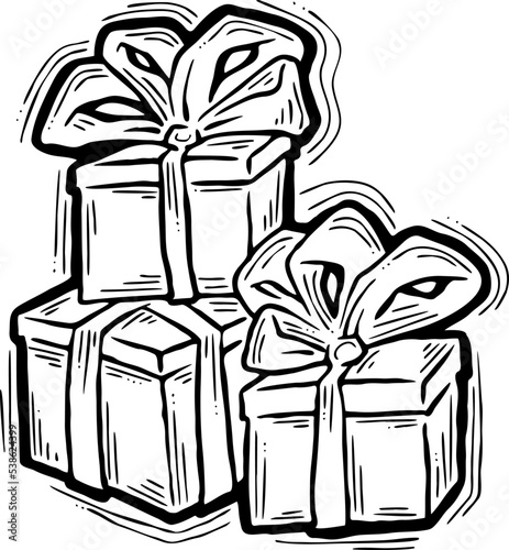 Gift box with bow, hand drawn illustration. Cartoon style vector drawing. Decorative element for poster print, Christmas party, birthday, wedding celebration, anniversary event, sale discount.