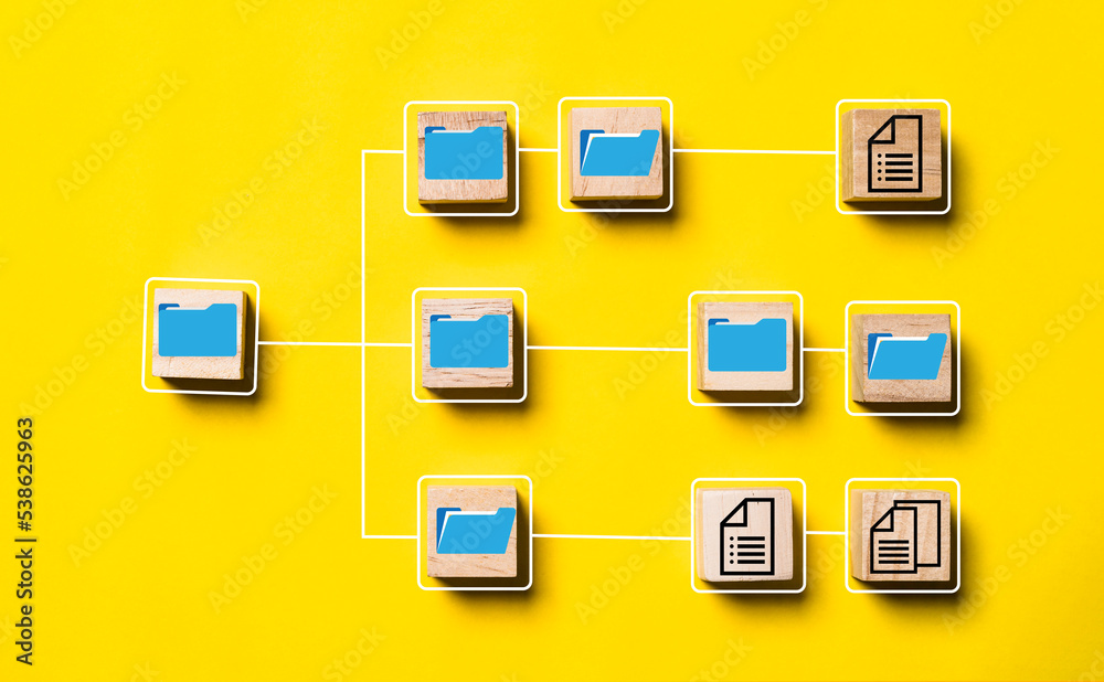 Blue folder and document icon print screen on wooden block cube and flow diagram for document management system concept. Blue folder and document icon print screen on wooden block cube and flow diagram for document management system concept.