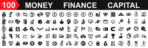 Money set icons. Set of coins, dollar, banking credit card payment, currency exchange, cashback, wallet, money service, capital increase, savings accumulation, dollar rate increase – vector