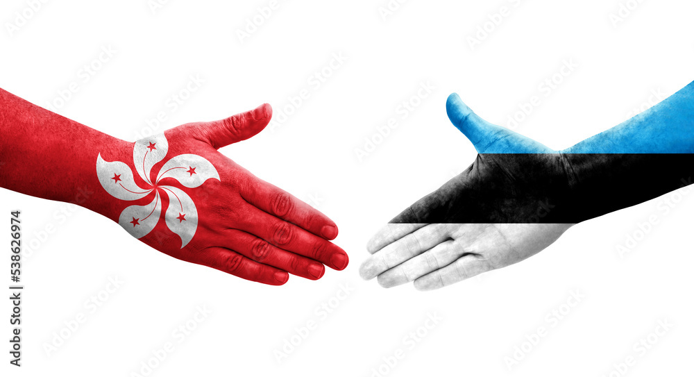 Obraz premium Handshake between Estonia and Hong Kong flags painted on hands, isolated transparent image.