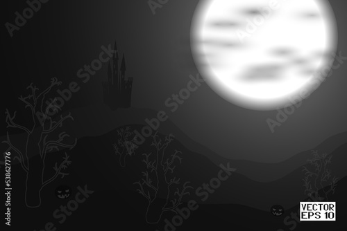 Black and White Halloween Festive Background. Haunted Castle on Mountain. Witches in the Moonlight Sky. Holiday Wallpapers. Vector. 3D Illustration