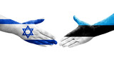 Handshake between Estonia and Israel flags painted on hands, isolated transparent image.