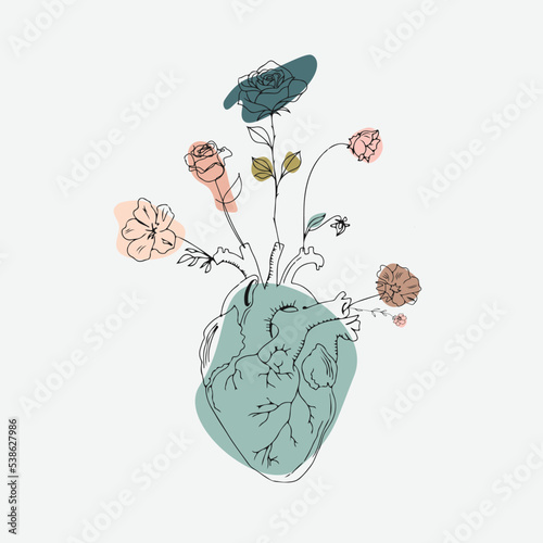 line art anatomical heart silhouette. Healthy medicine concept design one sketch outline drawing vector illustration.