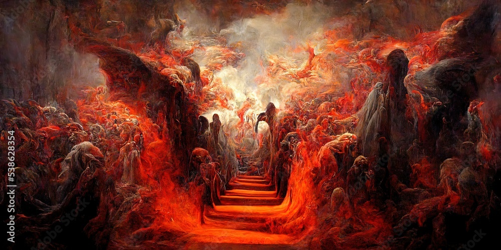 The hell inferno metaphor, souls entering to hell in mesmerize fluid motion, with hell fire and smoke - obrazy, fototapety, plakaty 