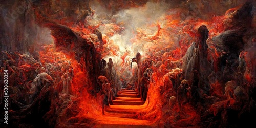 Fototapet The hell inferno metaphor, souls entering to hell in mesmerize fluid motion, wit