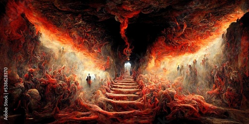 The hell inferno metaphor, souls entering to hell in mesmerize fluid motion, with hell fire and smoke photo