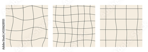 Set of abstract vector seamless patterns with wavy linear distorted cage in y2k style. Twisted checkered funky background. 90s, 00s aesthetic.