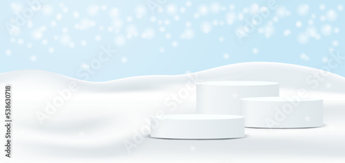 Winter season product display. Design with podium and white snowflakes on snow background. vector.