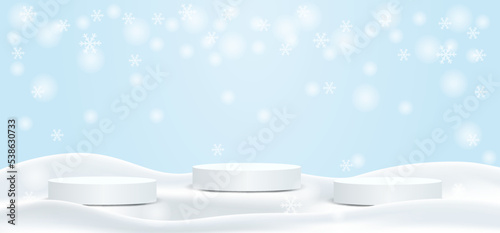 Winter season product display. Design with podium and white snowflakes on snow background. vector.
