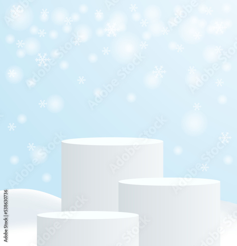 Winter season product display. Design with podium and white snowflakes on snow background. vector.