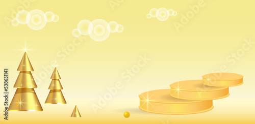 Podium, golden spruce, geometric shapes in yellow tones. An empty space for your design. 3d image.