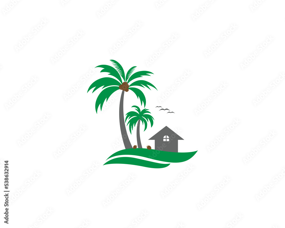 Home with Coconut and Palm Tree Logo Design. Creative Vector Illustration.