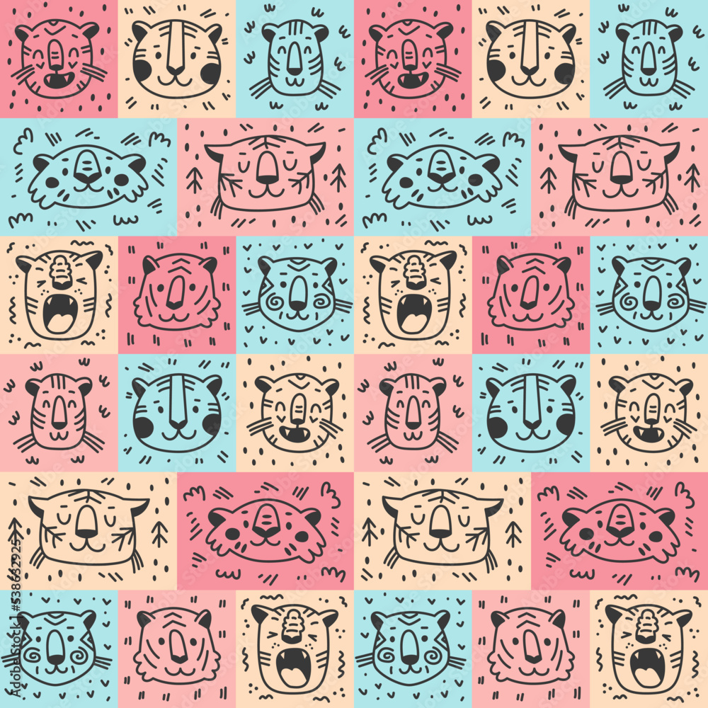 Seamless pattern with tiger heads. Vector doodle illustration for home textile, interior decor, design