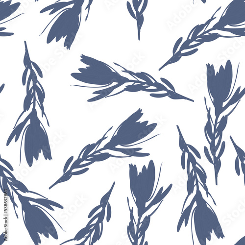 Foliage seamless pattern, plant, leucadendron branch leaves line art ink drawing in vintage blue.