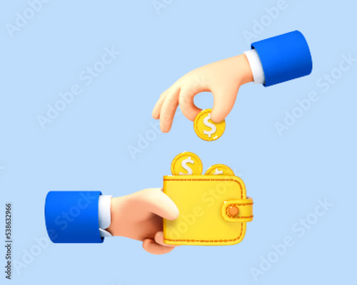 3D cartoon hand putting coin in wallet isolated on blue background. Vector 3d illustration