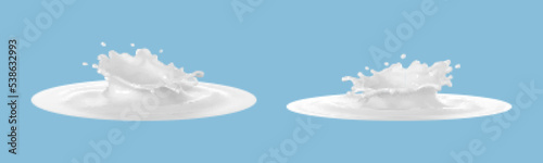 Milk crown splash set isolated on blue background. Natural dairy product, yogurt or cream splash with flying drops. Realistic Vector illustration
