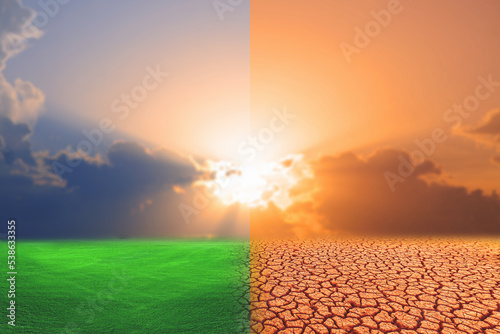 Comparative picture between drought, global warming effect and refreshing area. The concept of changing brushes. Love the world. Save the environment.