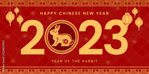 Chinese new years greeting card. Banner Year of the rabbit. Background Red