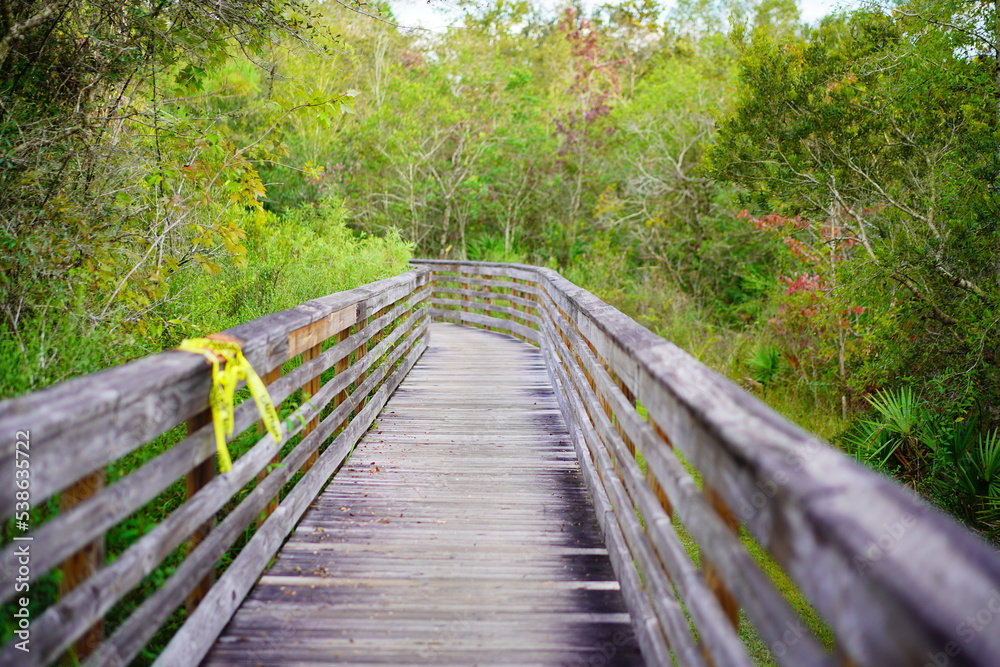 A broken wooden boardwalk for reparation 