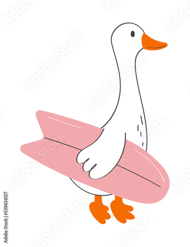 A goose goes to the beach with a surfboard. Hand drawn modern vector illustration.
